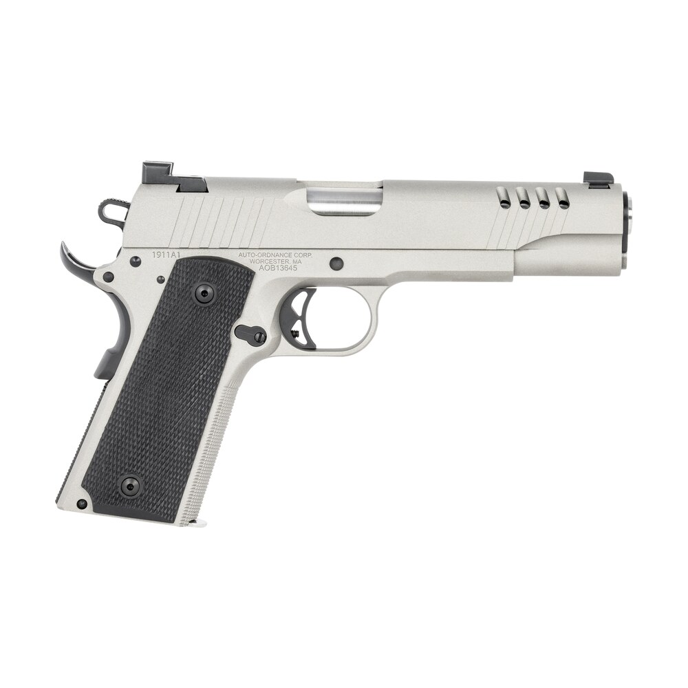 auto ordnance 1911tcac6 1911 a1 45 acp 7+1 5" savage silver cerakoate, serrated/ported slide, black rubber grips, fixed 3 dot combat day sights Auto-Ordnance 1911TCAC6 1911 A1 45 ACP 7+1 5" Savage Silver Cerakoate, Serrated/Ported Slide, Sports South item 138197