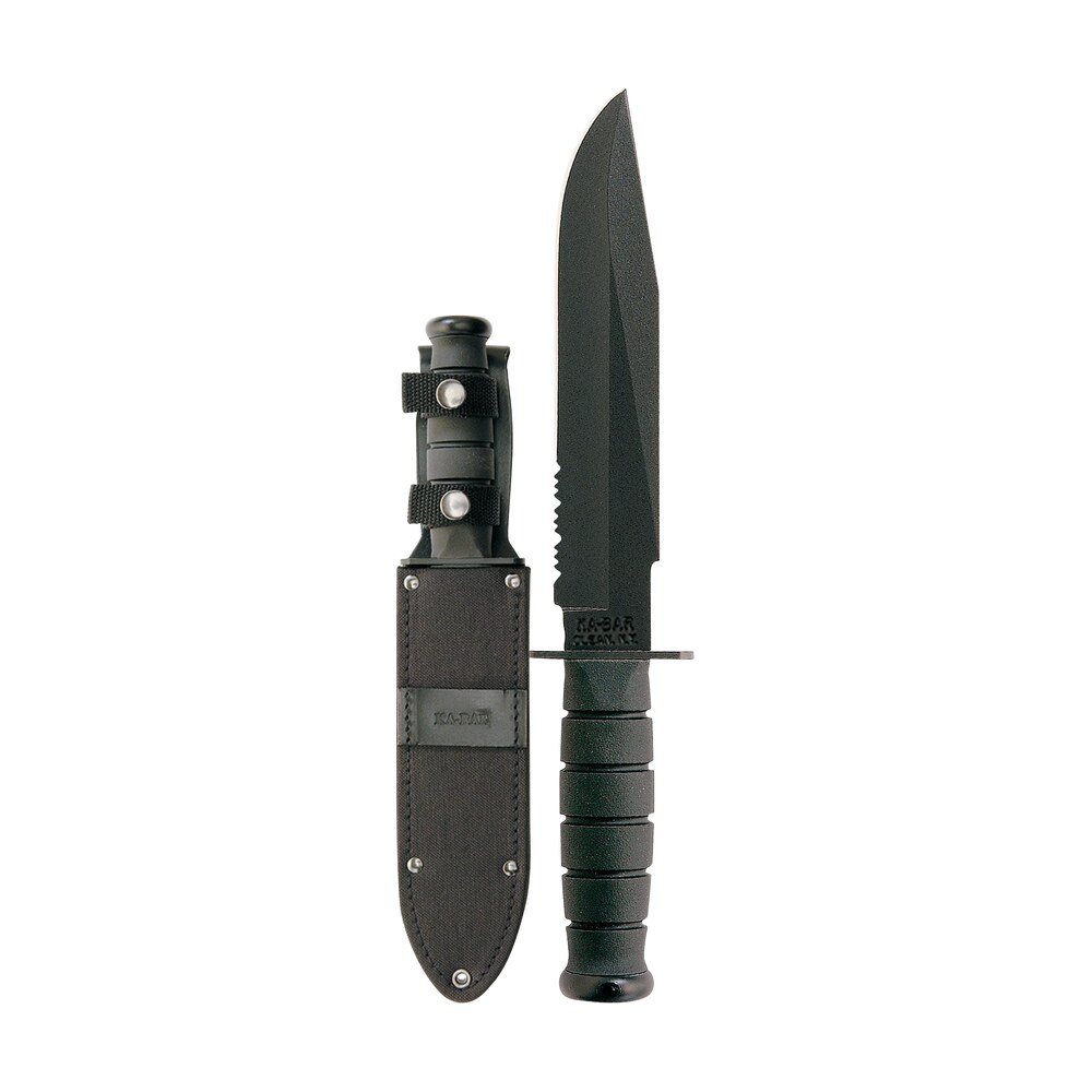 ka bar 1271 fighter 8″ fixed clip point part serrated black 1095 cro van blade, black kraton g handle, includes sheath Ka-Bar 1271 Fighter 8" Fixed Clip Point Part Serrated Black 1095 Cro-Van Blade, Black Kraton G Sports South item 13904