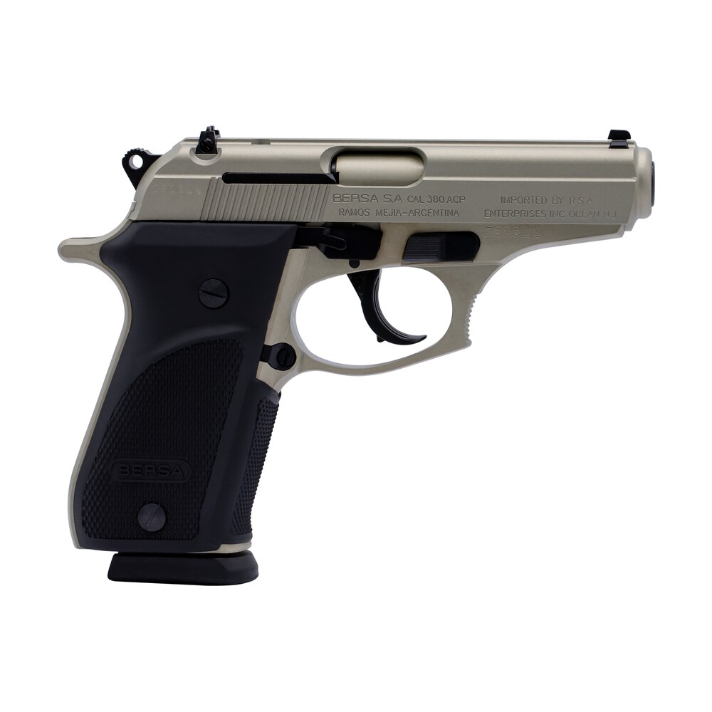 bersa thun380pnkl15 thunder plus sub compact frame 380 acp 15+1, 3.50" nickel steel barrel, nickel cerakote serrated steel slide, nickel cerakote aluminum frame w/beavertail, black rubber grip Bersa THUN380PNKL15 Thunder Plus Sub-Compact Frame 380 ACP 15+1, 3.50" Nickel Steel Sports South item 139409