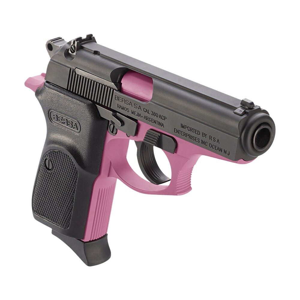 bersa t380pnk8 thunder micro compact frame 380 acp 8+1 3.50" pink cerakote steel barrel, matte black serrated steel slide, pink cerakote aluminum frame Bersa T380PNK8 Thunder Micro-Compact Frame 380 ACP 8+1 3.50" Pink Cerakote Steel Sports South item 139410