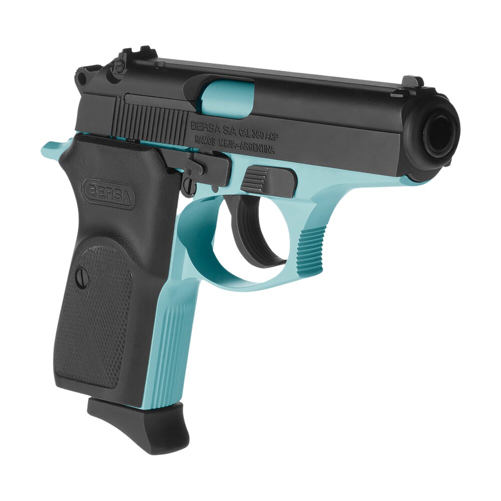 bersa t380blm8 thunder micro compact frame 380 acp 8+1, 3.50" robin egg blue cerakote steel barrel, matte black serrated steel slide, robin egg blue cerakote aluminum frame Bersa T380BLM8 Thunder Micro-Compact Frame 380 ACP 8+1, 3.50" Robin Egg Blue Cerakote Steel Sports South item 139421
