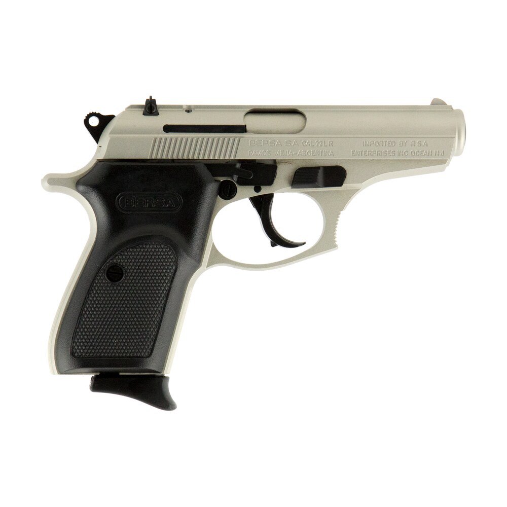 bersa t22nkl thunder micro compact frame 22 lr 10+1 3.50" nickel steel barrel, nickel cerakote serrated slide & aluminum frame w/beavertail black textured polymer grip Bersa T22NKL Thunder Micro-Compact Frame 22 LR 10+1 3.50" Nickel Steel Sports South item 139435