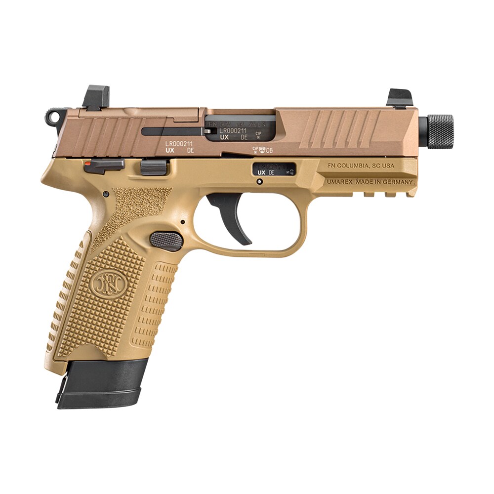 fn 66101006 502 tactical 22 lr 10+1/15+1, 4.60" black steel threaded barrel, flat dark earth optic ready/serrated slide & polymer frame w/picatinny rail, fde textured polymer grip, ambidextrous FN 66101006 502 Tactical 22 LR 10+1/15+1, 4.60" Black Steel Threaded Sports South item 139622