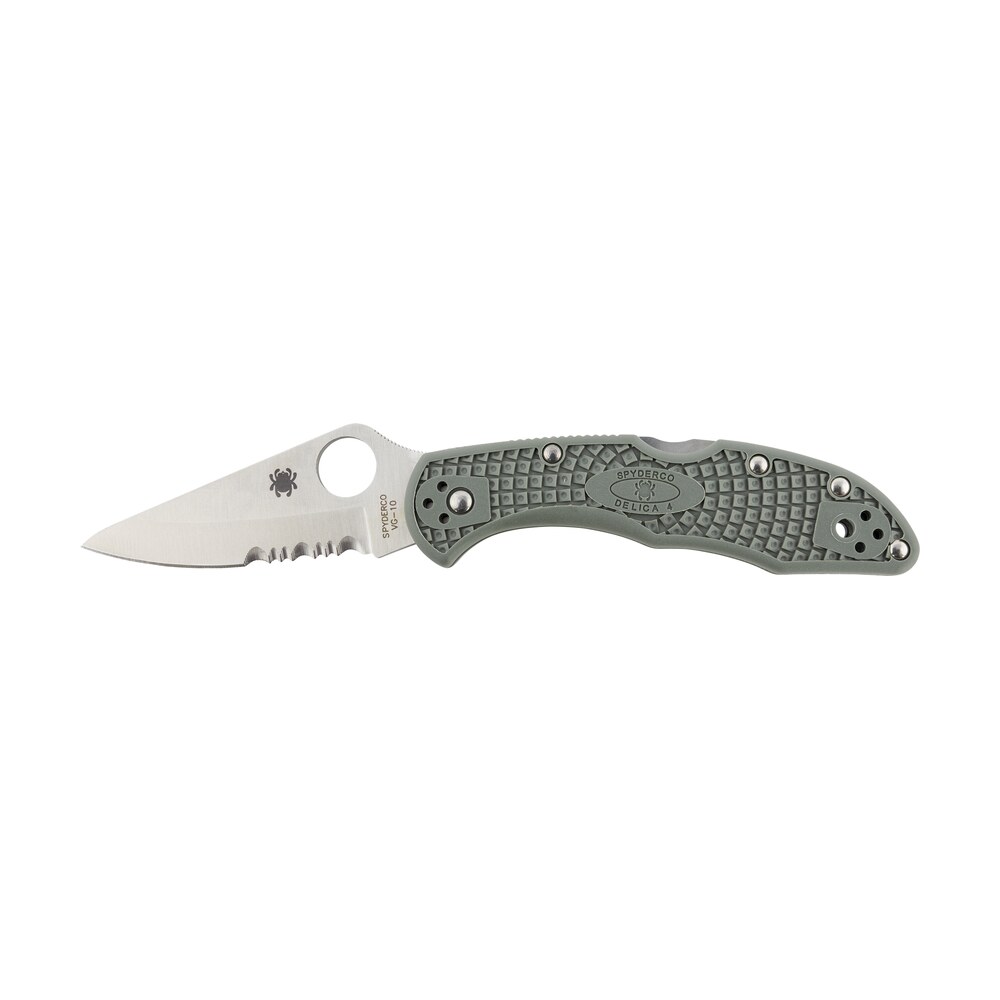 spyderco c33psfg delica 4 lightweight 2.88" folding drop point part serrated vg 10 ss blade foliage green bi directional texturing frn handle includes pocket clip Spyderco C33PSFG Delica 4 Lightweight 2.88" Folding Drop Point Part Serrated VG-10 SS Blade Sports South item 140094