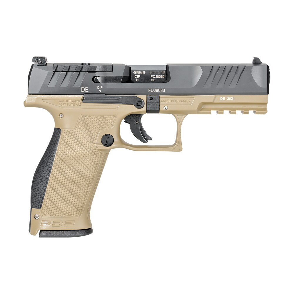 walther arms 2858380 pdp 9mm luger 18+1 4.50" black polygonal rifled barrel, black optic ready/serrated slide, tan polymer frame w/picatinny rail, black performance duty texture grips, ambidextrous Walther Arms 2858380 PDP 9mm Luger 18+1 4.50" Black Polygonal Rifled Sports South item 141058