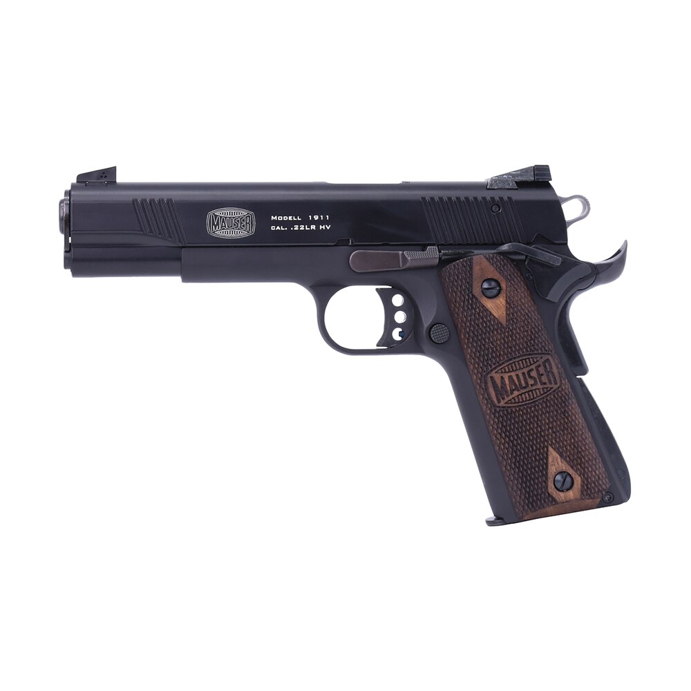 mauser rimfire 4110602 1911 22 lr 10+1 5" black steel barrel, black serrated slide, black aluminum frame w/beavertail, walnut grip, ambidextrous Mauser Rimfire 4110602 1911 22 LR 10+1 5" Black Steel Sports South item 141716
