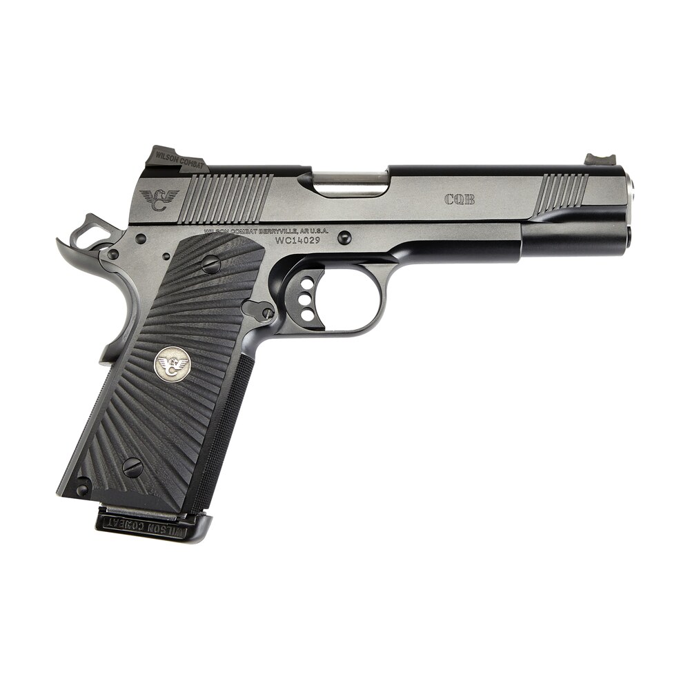 wilson combat cqbfs9 1911 cqb full size frame 9mm luger 10+1 5" match grade barrel, black serrated carbon steel slide, black armor tuff carbon steel frame w/beavertail, black g10 starburst grip Wilson Combat CQBFS9 1911 CQB Full Size Frame 9mm Luger 10+1 5" Match Grade Sports South item 141963