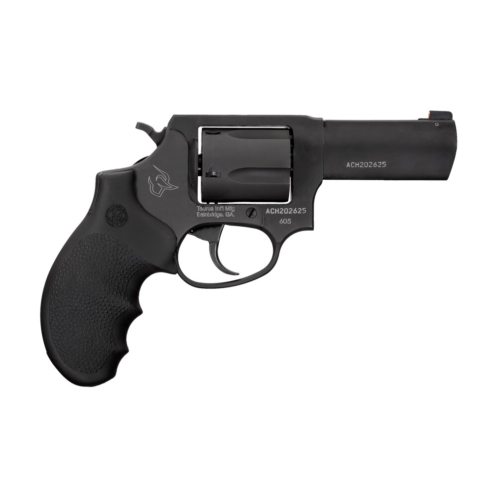 taurus 260531ns 605 sa/da 38 speical +p or 357 mag 5 shot 3" barrel, overall matte black finish stainless steel, finger grooved black hogue rubber grip, night front sight Taurus 260531NS 605 SA/DA 38 Speical +P or 357 Mag 5 Shot 3" Sports South item 142151