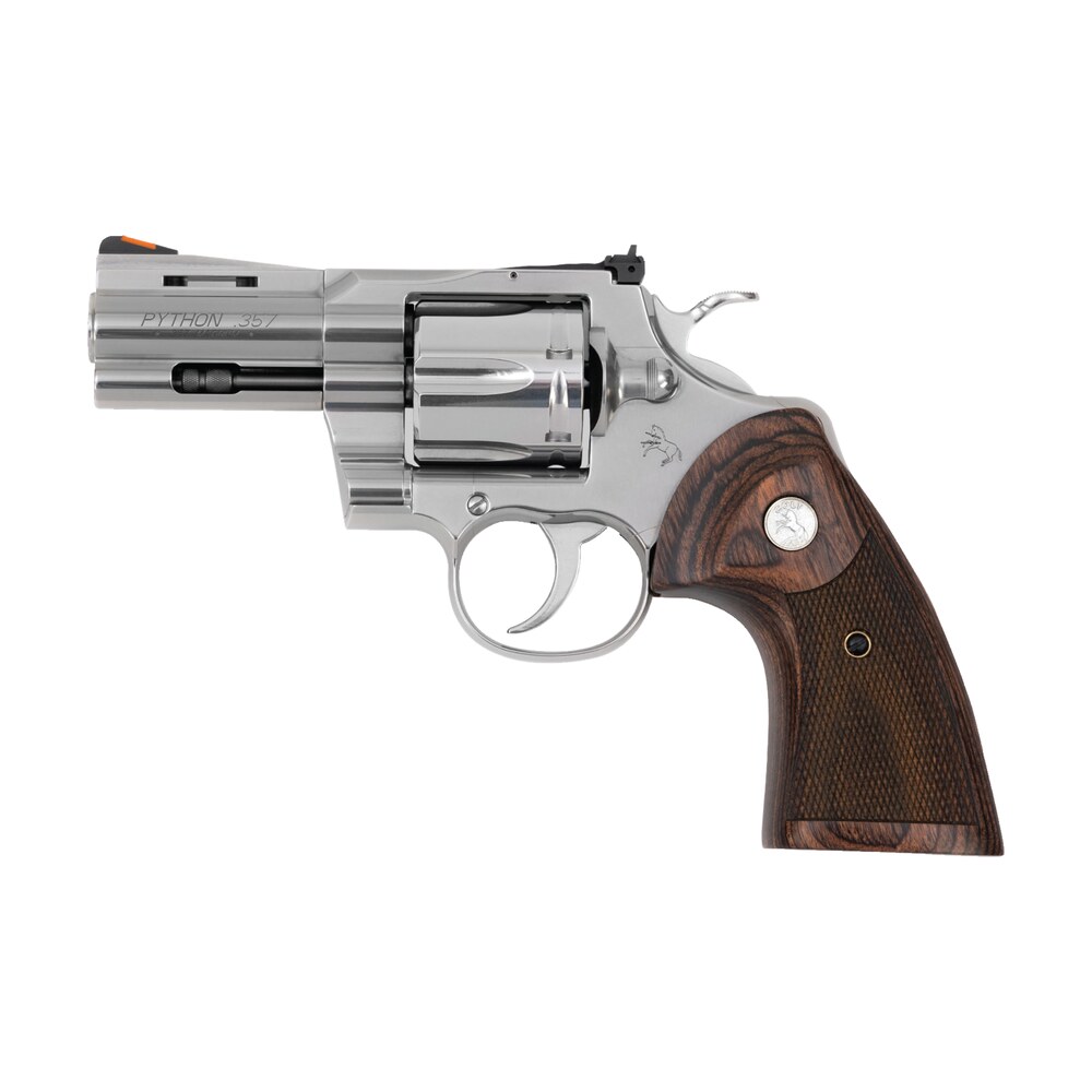 colt mfg pythonsp3wts python 38 special 357 mag 6 shot 3" stainless recessed target/vent rib barrel, cylinder & frame, walnut w/colt medallion grip Colt Mfg PYTHONSP3WTS Python 38 Special 357 Mag 6 Shot 3" Stainless Recessed Target/Vent Rib Sports South item 142275