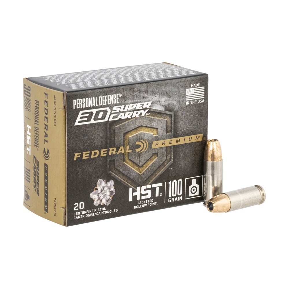 federal p30hst1s premium personal defense 30super carry 100gr hst jacketed hollow point 20 per box/10 case Federal P30HST1S Premium Personal Defense 30Super Carry 100gr HST Jacketed Hollow Point 20 Per Sports South item 142630