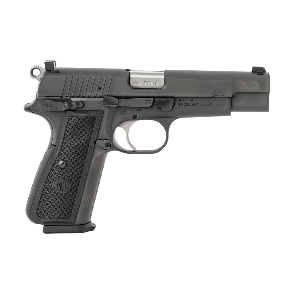 fn 66100256 high power 9mm luger 17+1, 4.70" black target crown steel barrel, black pvd serrated steel slide & steel frame w/beavertail, black textured polymer grip, ambidextrous FN 66100256 High Power 9mm Luger 17+1, 4.70" Black Target Crown Steel Sports South item 142780