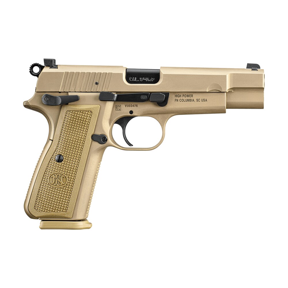fn 66101069 high power 9mm luger 17+1, 4.70" black target crown steel barrel, flat dark earth pvd serrated steel slide & steel frame w/beavertail, fde textured polymer grip, ambidextrous FN 66101069 High Power 9mm Luger 17+1, 4.70" Black Target Crown Steel Sports South item 142782