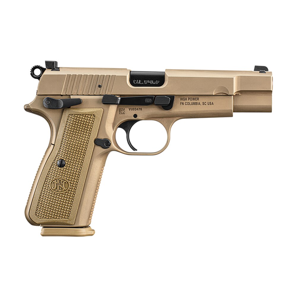fn 66101117 high power 9mm luger 10+1, 4.70" black target crown steel barrel, flat dark earth pvd serrated steel slide & steel frame w/beavertail, fde textured polymer grip, ambidextrous FN 66101117 High Power 9mm Luger 10+1, 4.70" Black Target Crown Steel Sports South item 142783