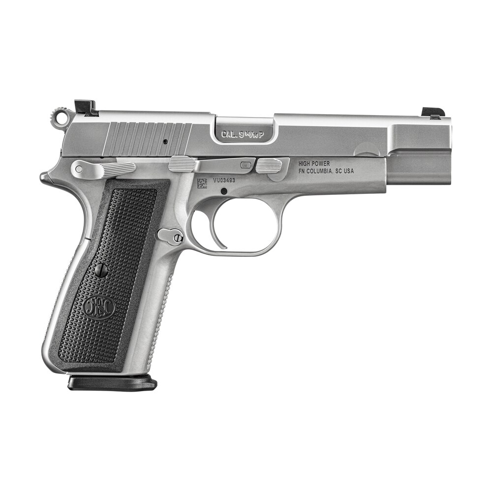fn 66101116 high power 9mm luger 10+1 4.70" black target crown steel barrel, stainless pvd serrated steel slide, matte stainless steel frame w/beavertail, black textured polymer grip, ambidextrous FN 66101116 High Power 9mm Luger 10+1 4.70" Black Target Crown Steel Sports South item 142785