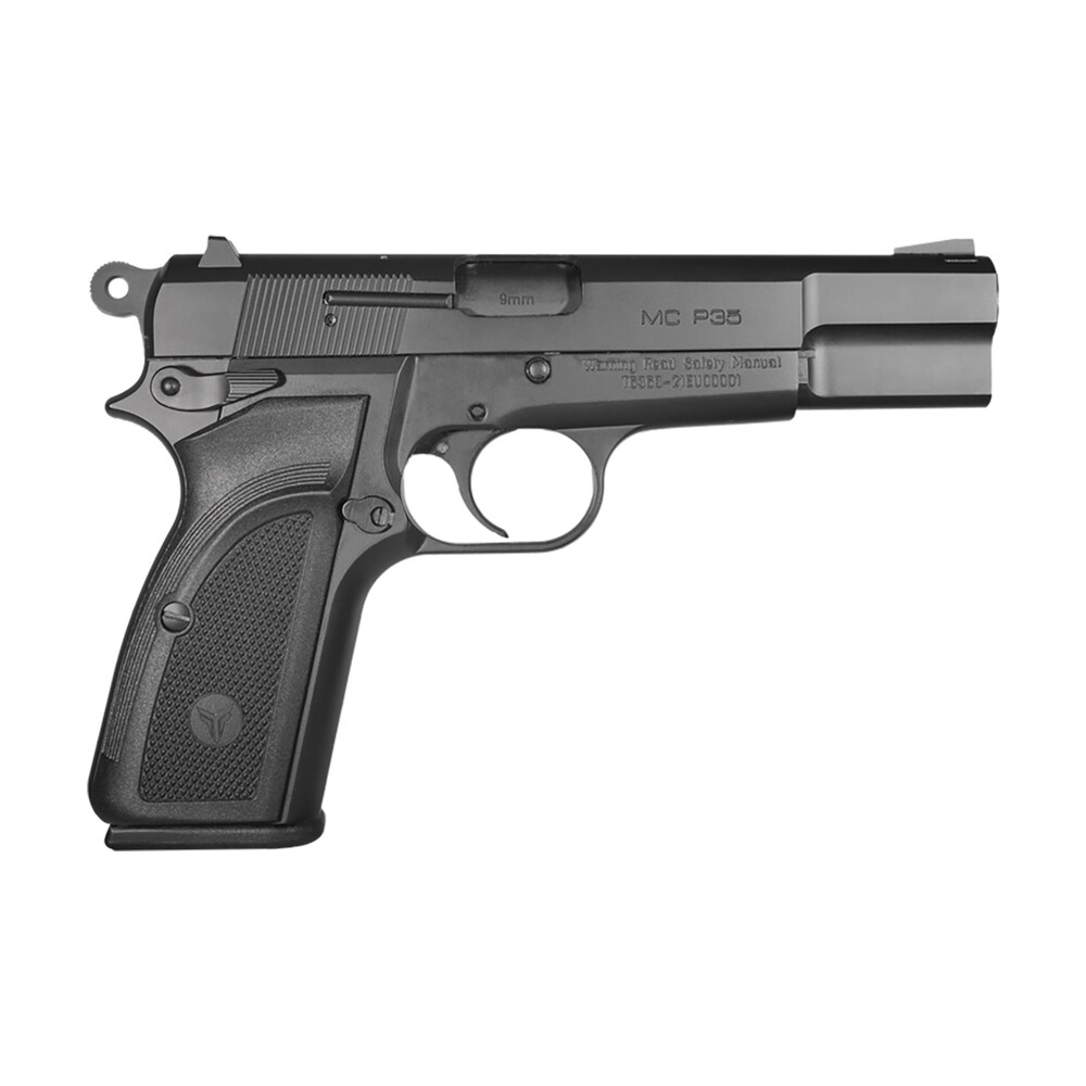 eaa girsan 390450 mc p35 9mm luger 15+1, 4.87" black steel barrel, black serrated steel slide, matte black steel frame black, checkered polymer grip, ambidextrous EAA GIRSAN 390450 MC P35 9mm Luger 15+1, 4.87" Black Steel Sports South item 142947