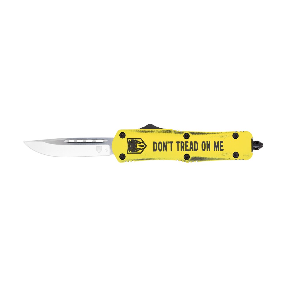cobratec knives mdtomfs3dns fs 3 don't tread on me medium 3" otf drop point plain d2 steel blade yellow w/"don't tread on me" aluminum cerakoted handle features glass breaker includes pocket clip CobraTec Knives MDTOMFS3DNS FS-3 Don't Tread On Me Medium 3" OTF Drop Point Plain D2 Steel Sports South item 143155