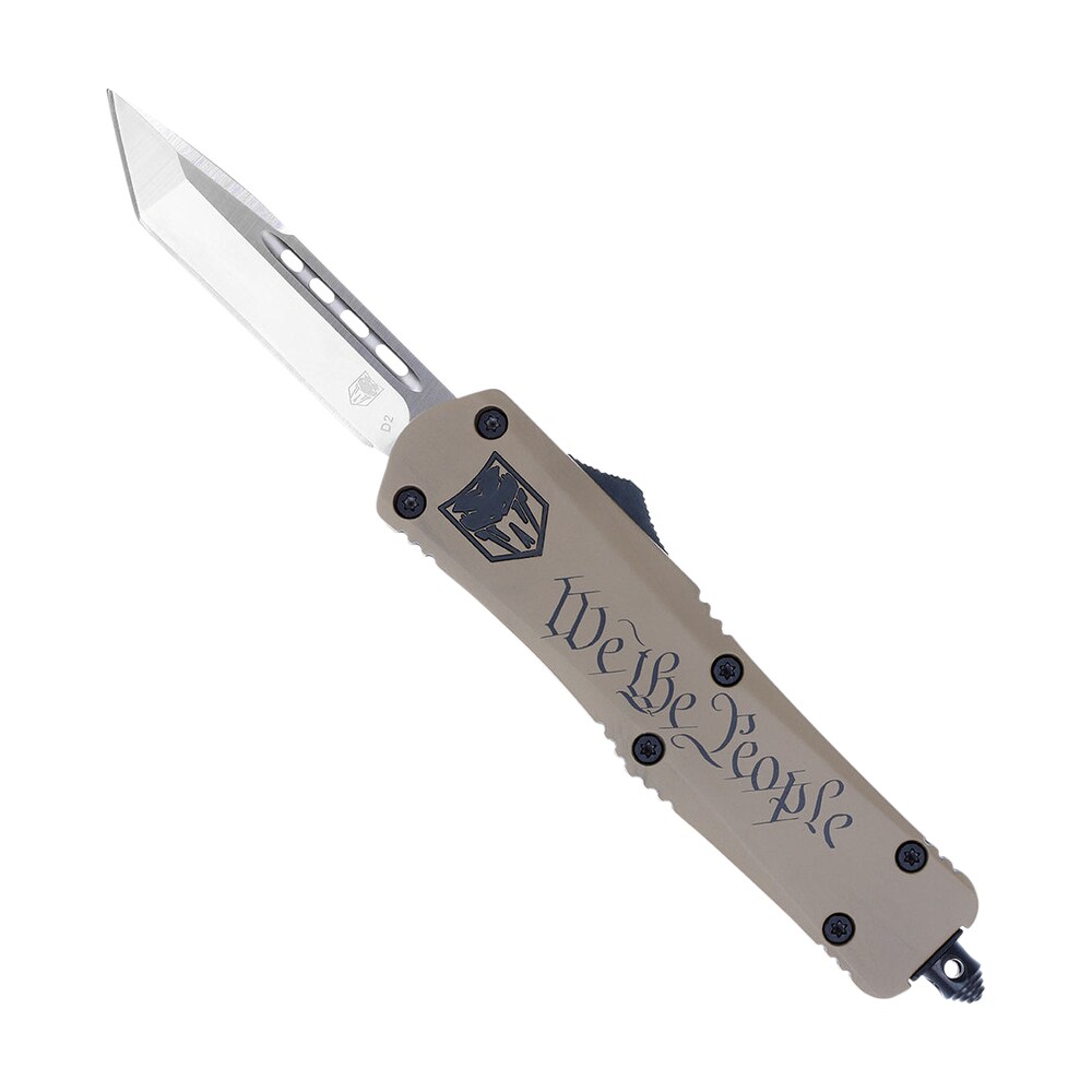cobratec knives mwtpfs3tns fs 3 we the people medium 3" otf tanto plain d2 steel blade tan w/"we the people" aluminum cerakoted handle features glass breaker includes pocket clip CobraTec Knives MWTPFS3TNS FS-3 We The People Medium 3" OTF Tanto Plain D2 Steel Blade Tan Sports South item 143159