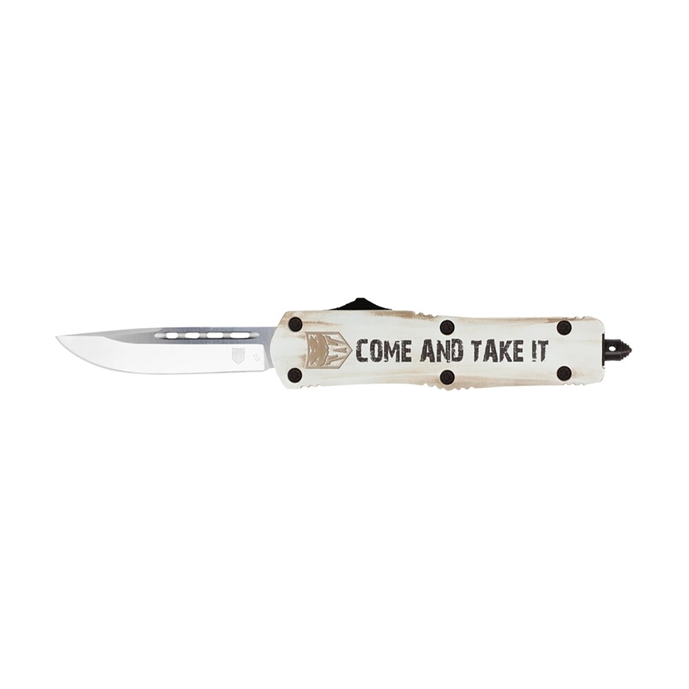 cobratec knives mcatifs3tns fs 3 come and take it 3" otf tanto plain d2 steel blade/white w/"come and take it" cerakoted aluminum handle features glass breaker includes pocket clip CobraTec Knives MCATIFS3TNS FS-3 Come And Take It 3" OTF Tanto Plain D2 Steel Blade/White Sports South item 143162