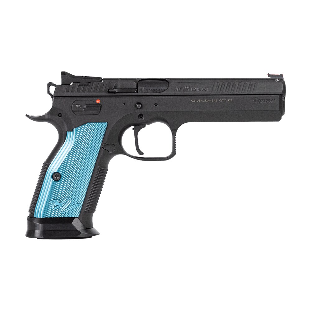 cz usa 91222 ts 2 40 s&w 17+1 5.28" black steel barrel, black serrated steel slide, black polycoat steel frame w/beavertail, blue checkered aluminum grip, ambidextrous CZ-USA 91222 TS 2 40 S&W 17+1 5.28" Black Steel Sports South item 143217