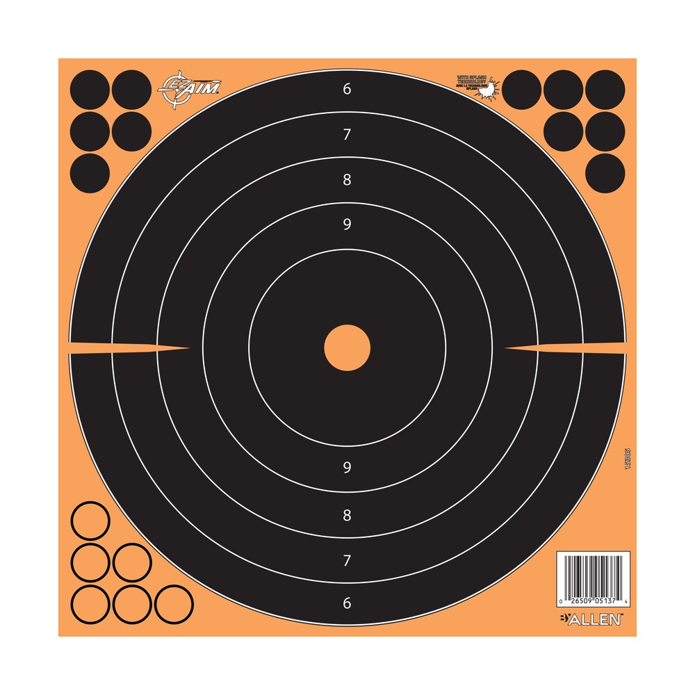 ez aim 1531725 splash reactive self adhesive paper black/orange 12"x12" bullseye 25 pack EZ-Aim 1531725 Splash Reactive Self-Adhesive Paper Black/Orange 12"x12" Bullseye 25 Pack Sports South item 143544