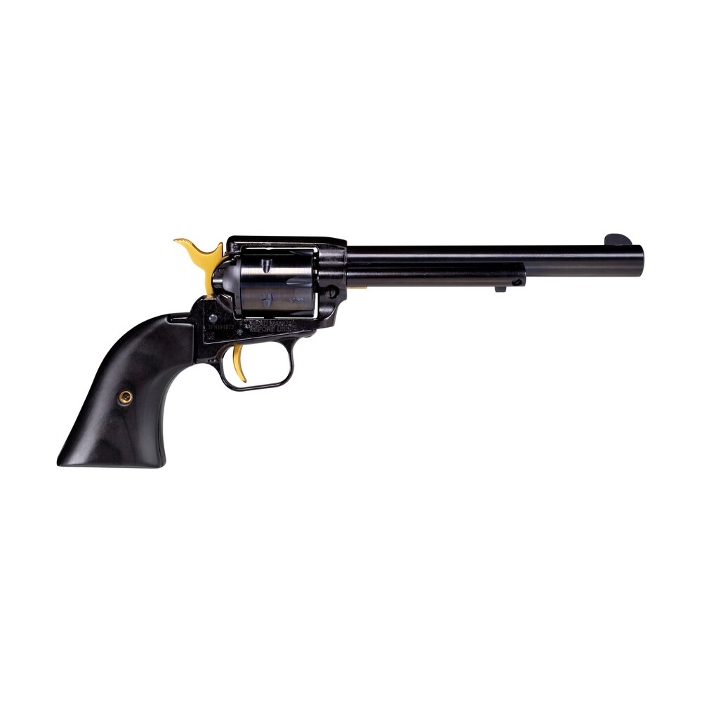 heritage mfg rr22b6 gld rough rider 22 lr 6 shot 6.50" black oxide alloy steel barrel, black w/gold accents steel frame, black oxide cylinder, black laminate wood grip, manual safety, exposed hammer Heritage Mfg RR22B6-GLD Rough Rider 22 LR 6 Shot 6.50" Black Oxide Alloy Steel Sports South item 144438