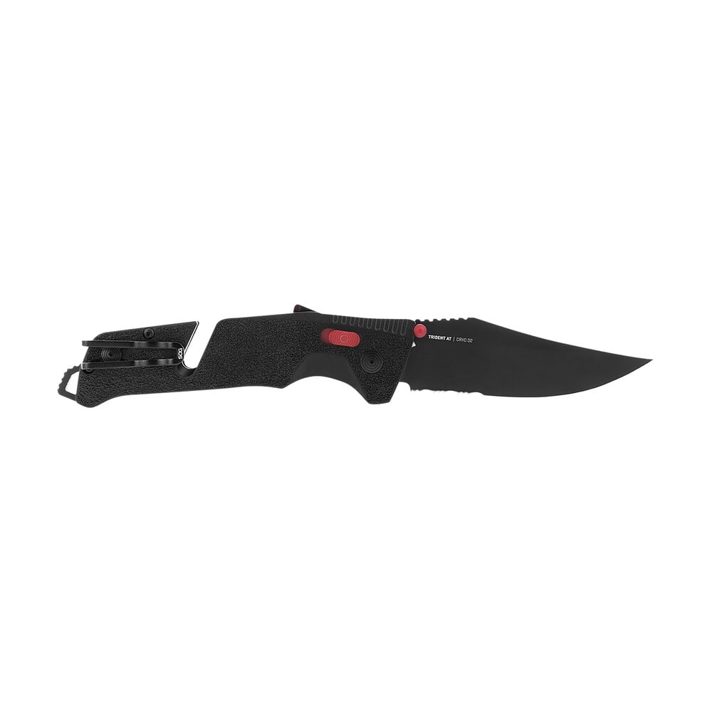 s.o.g sog11120241 trident at 3.70" folding clip point part serrated black tini cryo d2 steel blade/black w/red accents grn handle features line cutter/glass breaker S.O.G SOG11120241 Trident AT 3.70" Folding Clip Point Part Serrated Black TiNi Cryo D2 Steel Sports South item 144905