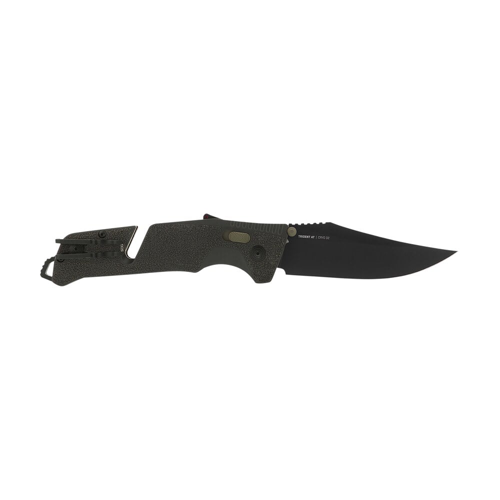 s.o.g sog11120341 trident at 3.70" folding clip point plain black tini cryo d2 steel blade/olive drab w/fde accents grn handle features line cutter/glass breaker S.O.G SOG11120341 Trident AT 3.70" Folding Clip Point Plain Black TiNi Cryo D2 Steel Sports South item 144906