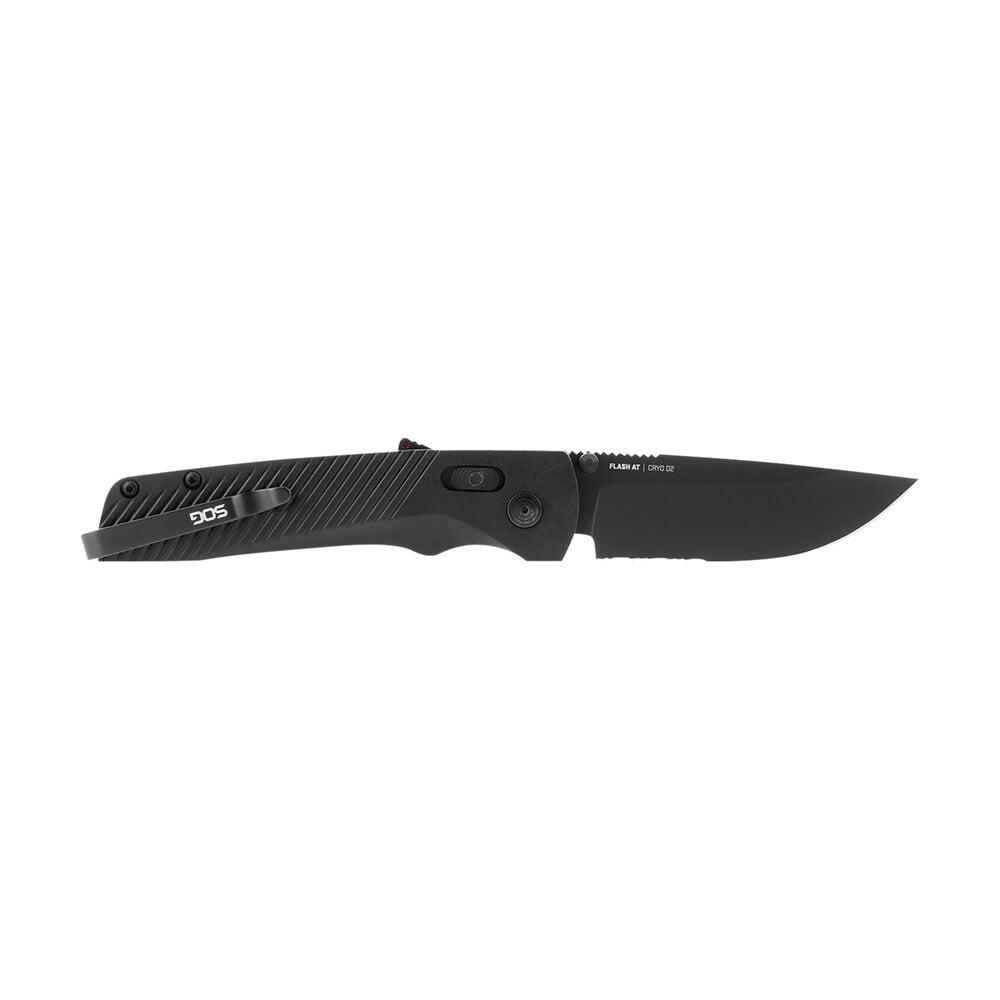 s.o.g sog11180241 flash at 3.45" folding part serrated black tini cryo d2 steel blade/blackout grn handle includes pocket clip S.O.G SOG11180241 Flash AT 3.45" Folding Part Serrated Black TiNi Cryo D2 Steel Blade/Blackout Sports South item 144910