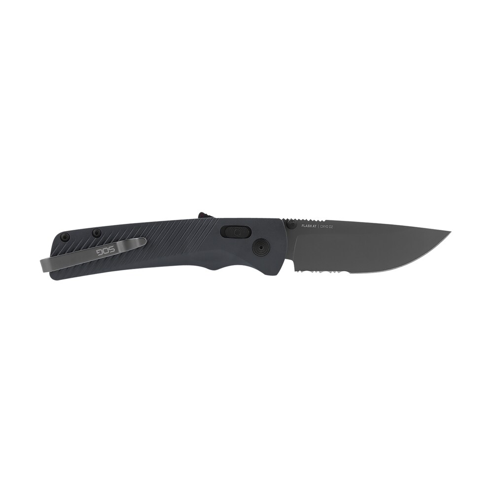 s.o.g sog11180641 flash at 3.45" folding part serrated tini cryo d2 steel blade/ urban grey grn handle includes pocket clip S.O.G SOG11180641 Flash AT 3.45" Folding Part Serrated TiNi Cryo D2 Steel Blade/ Urban Grey GRN Sports South item 144914