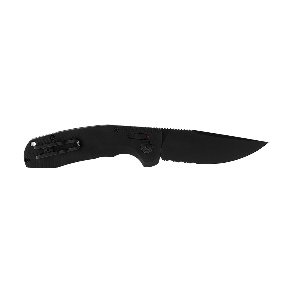 s.o.g sog15380257 sog tac auto 3.43" folding part serrated black tini cryo d2 steel blade black micro textured anodized aluminum handle includes pocket clip S.O.G SOG15380257 SOG-TAC Auto 3.43" Folding Part Serrated Black TiNi Cryo D2 Steel Blade Black Sports South item 144951