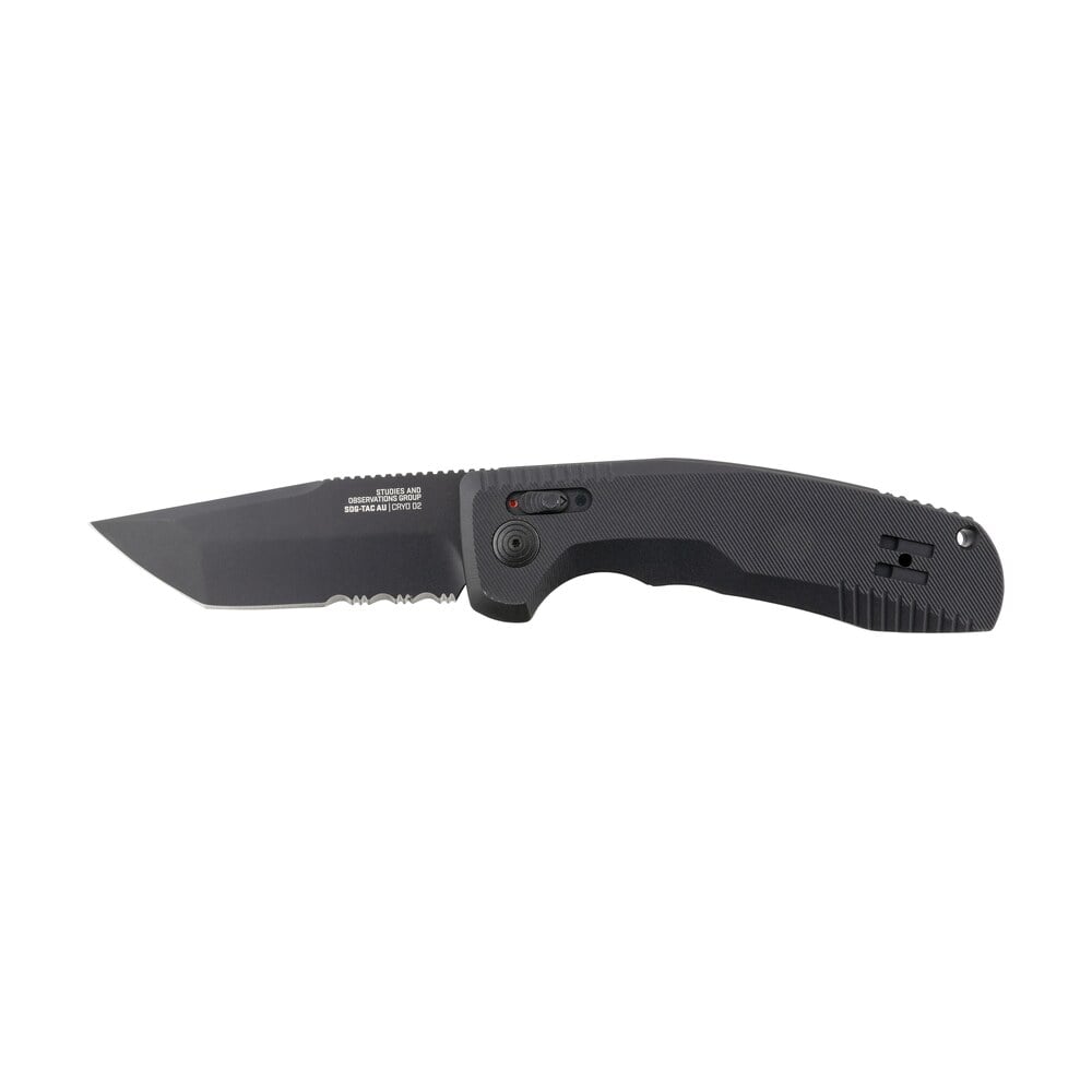 s.o.g sog15380457 sog tac auto 3.43" folding tanto part serrated black tini cryo d2 steel blade black micro textured anodized aluminum handle includes pocket clip S.O.G SOG15380457 SOG-TAC Auto 3.43" Folding Tanto Part Serrated Black TiNi Cryo D2 Steel Blade Sports South item 144953