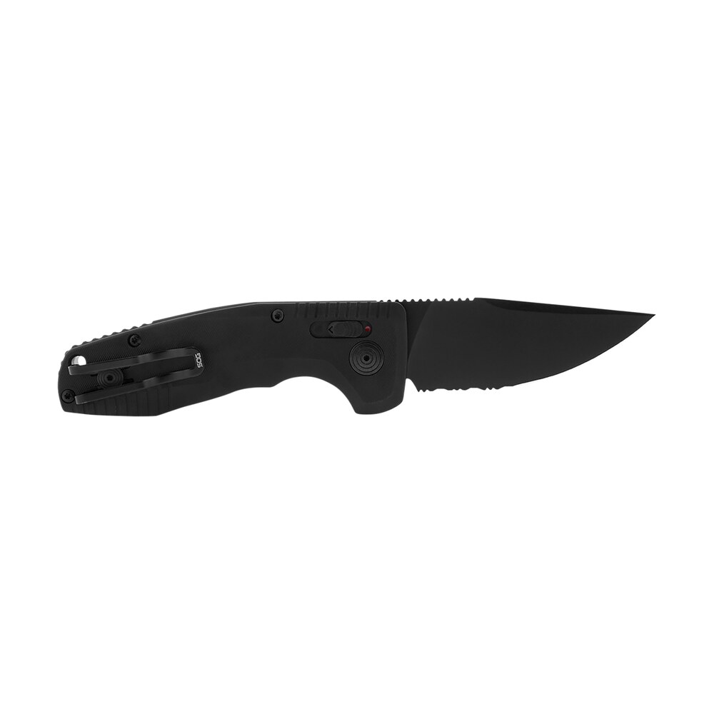 s.o.g sog 15 38 08 sog tac auto compact 2.94" folding straight back part serrated black tini cryo d2 steel blade black micro textured anodized aluminum handle includes pocket clip S.O.G SOG-15-38-08 SOG-TAC Auto Compact 2.94" Folding Straight Back Part Serrated Black TiNi Sports South item 144955