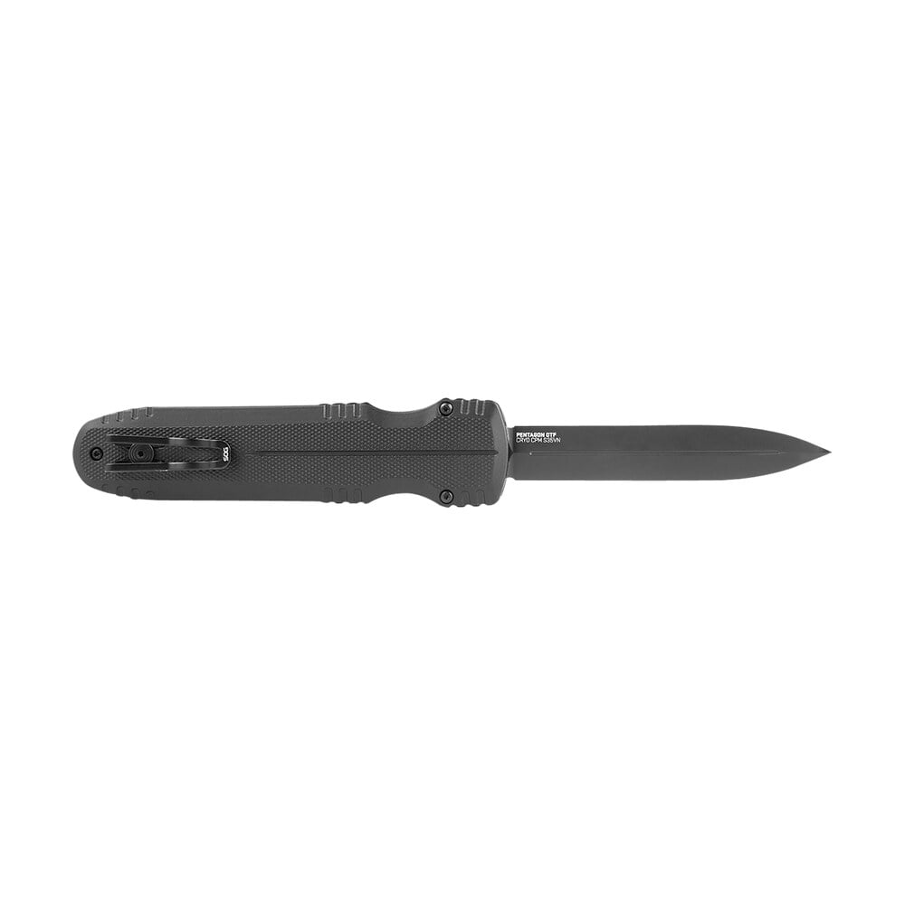 s.o.g sog15610157 pentagon 3.79" otf spear point plain black tini cryo cpm s35vn steel blade, blackout aluminum handle S.O.G SOG15610157 Pentagon 3.79" OTF Spear Point Plain Black TiNi Cryo CPM S35VN Steel Blade, Sports South item 144960