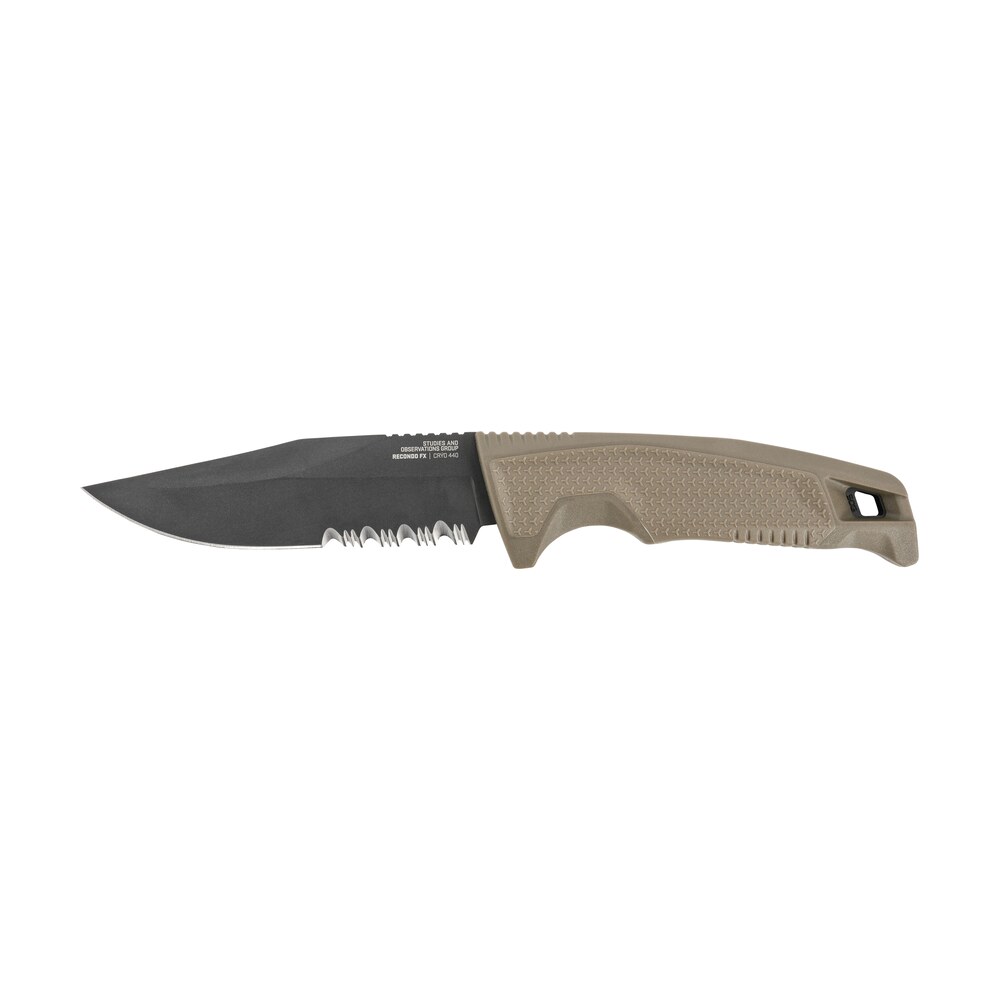 s.o.g sog17220457 recondo fx 4.60" fixed part serrated satin ticn cryo 440c ss blade fde overmolded rubberized grip, includes sheath S.O.G SOG17220457 Recondo FX 4.60" Fixed Part Serrated Satin TiCN Cryo 440C SS Blade FDE Sports South item 144969