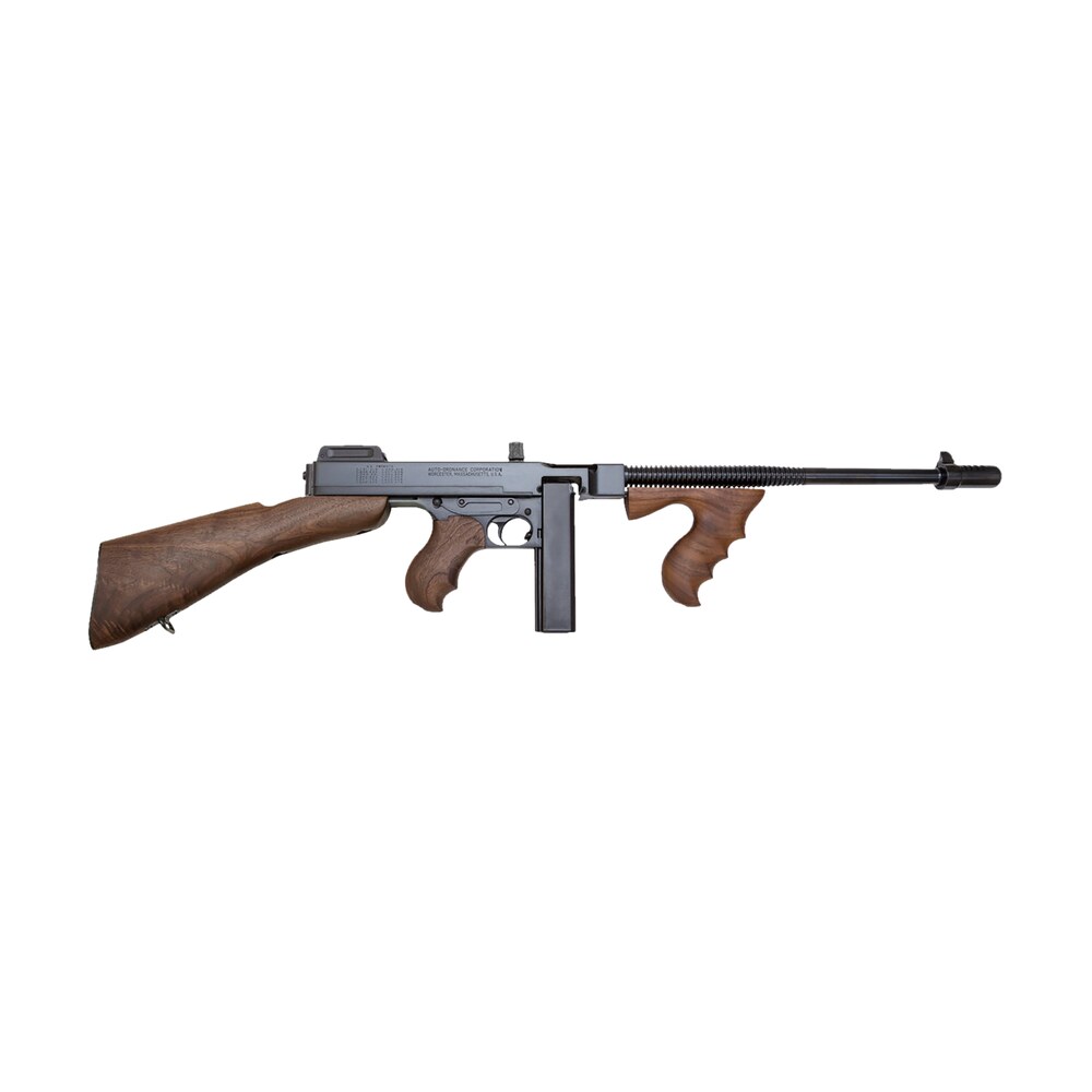 thompson t1b14 1927a 1 deluxe 45 acp caliber with 16.50″ barrel, 20+1 capacity (stick), blued metal finish, walnut removable fixed stock & wood grip right hand Thompson T1B14 1927A-1 Deluxe 45 ACP Caliber Sports South item 145
