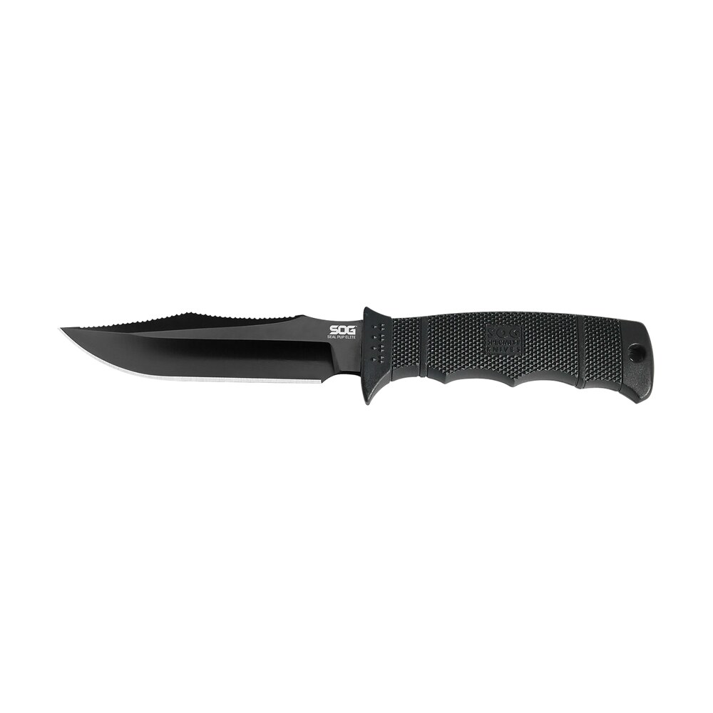 s.o.g soge37sncp seal pup elite 4.85" fixed clip point plain black hardcased ticn aus 8a ss blade/black w/grip lines grn handle includes lanyard/sheath S.O.G SOGE37SNCP Seal Pup Elite 4.85" Fixed Clip Point Plain Black Hardcased TiCN AUS-8A SS Sports South item 145003