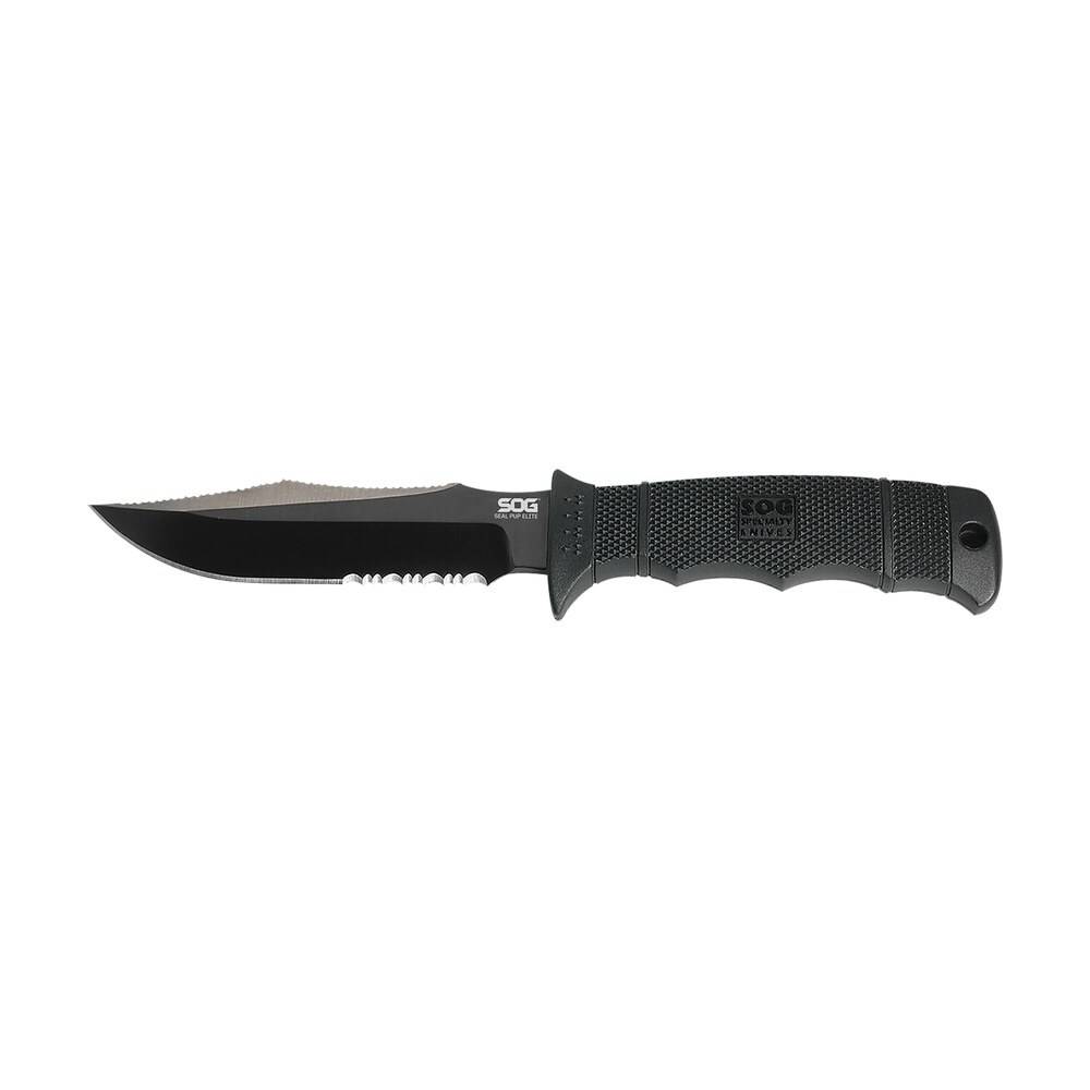 s.o.g soge37tk seal pup elite 4.85" fixed clip point part serrated black hardcased ticn aus 8a ss blade/black w/grip lines grn handle includes lanyard/sheath S.O.G SOGE37TK Seal Pup Elite 4.85" Fixed Clip Point Part Serrated Black Hardcased TiCN AUS-8A Sports South item 145004