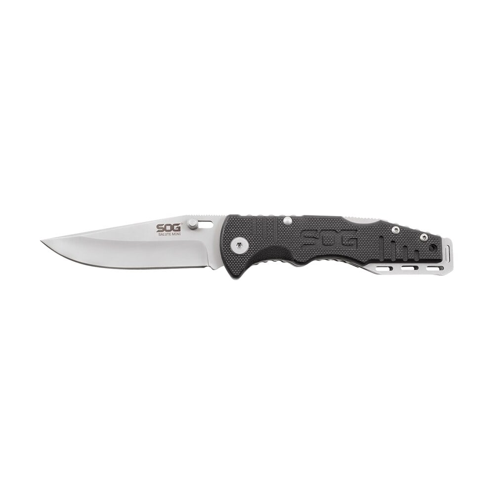 s.o.g sogff1001c salute mini 3.10" folding clip point plain bead blasted 8cr13mov ss blade black g10 handle includes pocket clip S.O.G SOGFF1001C Salute Mini 3.10" Folding Clip Point Plain Bead Blasted 8Cr13MoV SS Blade Sports South item 145015