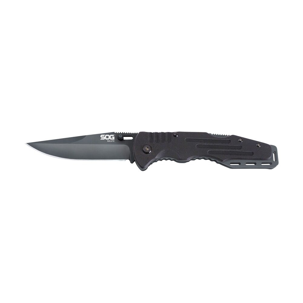 s.o.g sog ff11 cp salute 3.62" folding clip point plain black hardcased 8cr13mov ss blade black g10 handle includes belt clip S.O.G SOG-FF11-CP Salute 3.62" Folding Clip Point Plain Black Hardcased 8Cr13MoV SS Blade Black Sports South item 145017