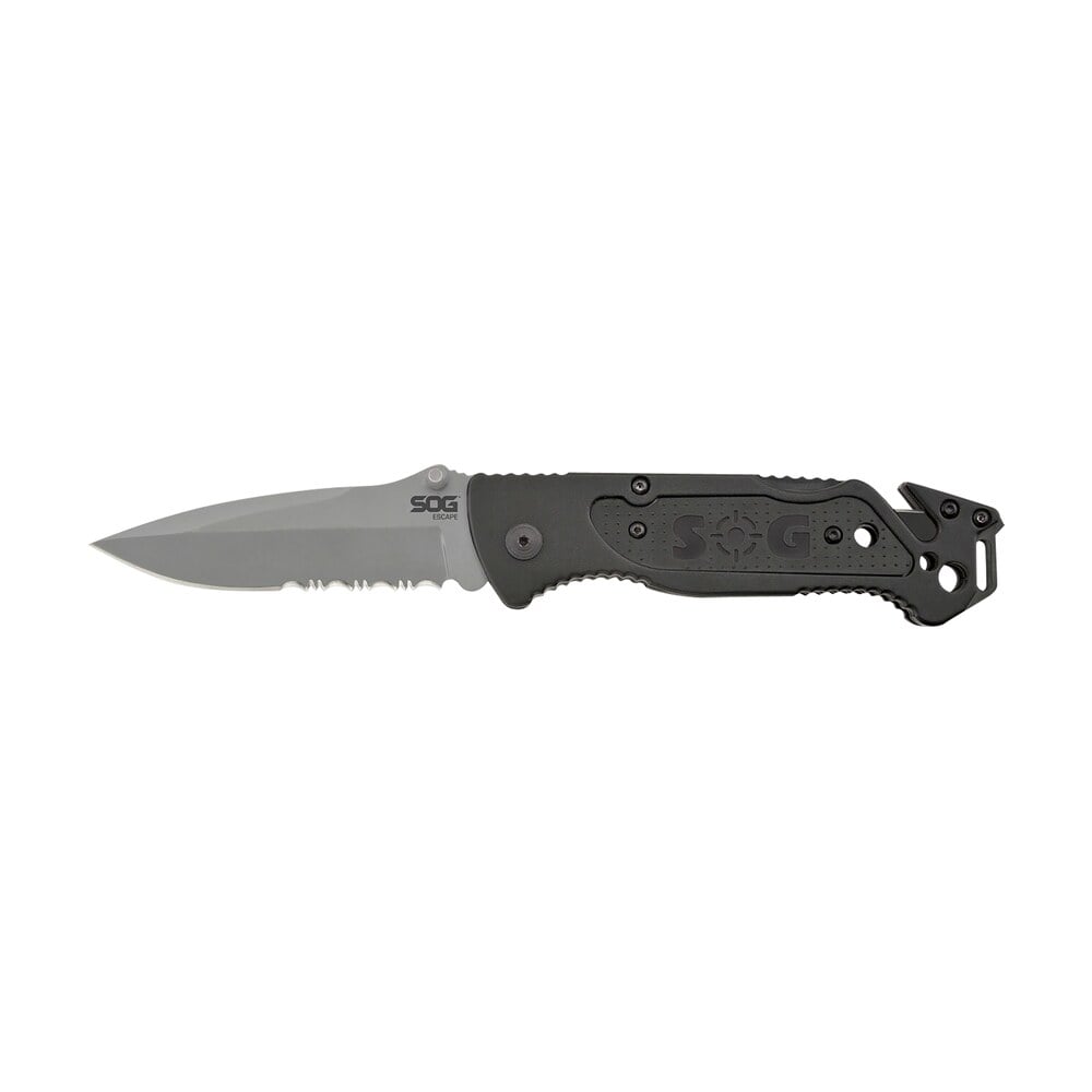 s.o.g sog ff24 cp escape 3.40" folding clip point part serrated bead blasted 9cr18mov ss blade black anodized aluminum handle includes belt clip S.O.G SOG-FF24-CP Escape 3.40" Folding Clip Point Part Serrated Bead Blasted 9Cr18MoV SS Blade Sports South item 145018