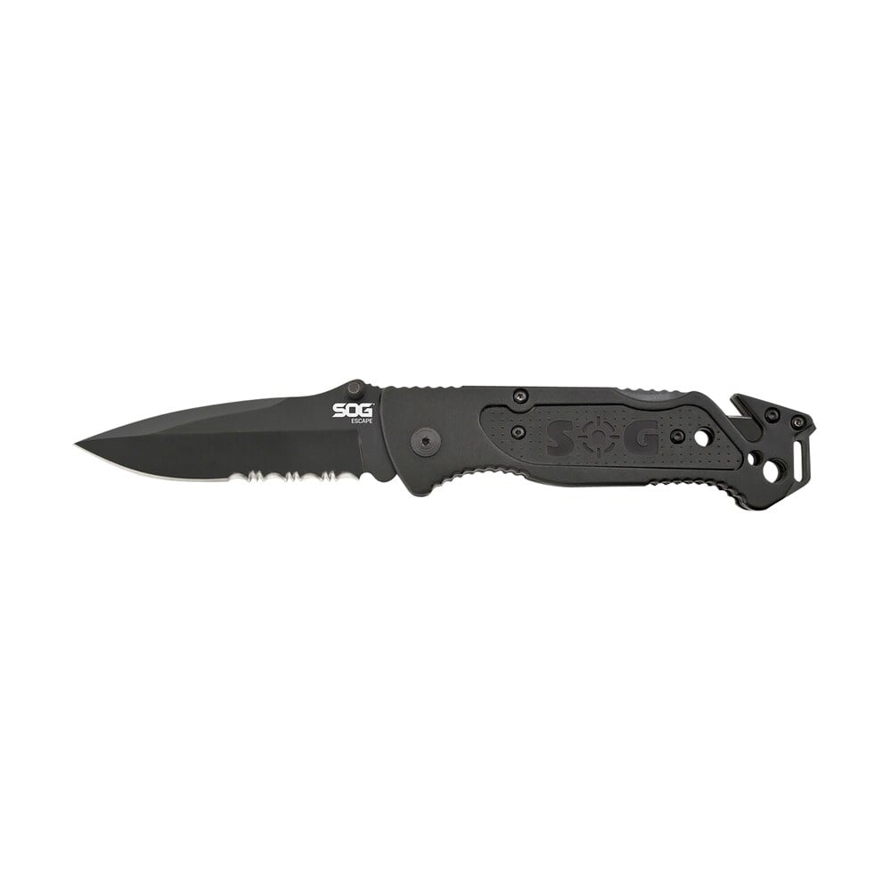 s.o.g sogff25cp escape 3.40" folding clip point part serrated black hardcased 9cr18mov ss blade black anodized aluminum handle includes belt clip S.O.G SOGFF25CP Escape 3.40" Folding Clip Point Part Serrated Black Hardcased 9Cr18MoV SS Blade Sports South item 145019