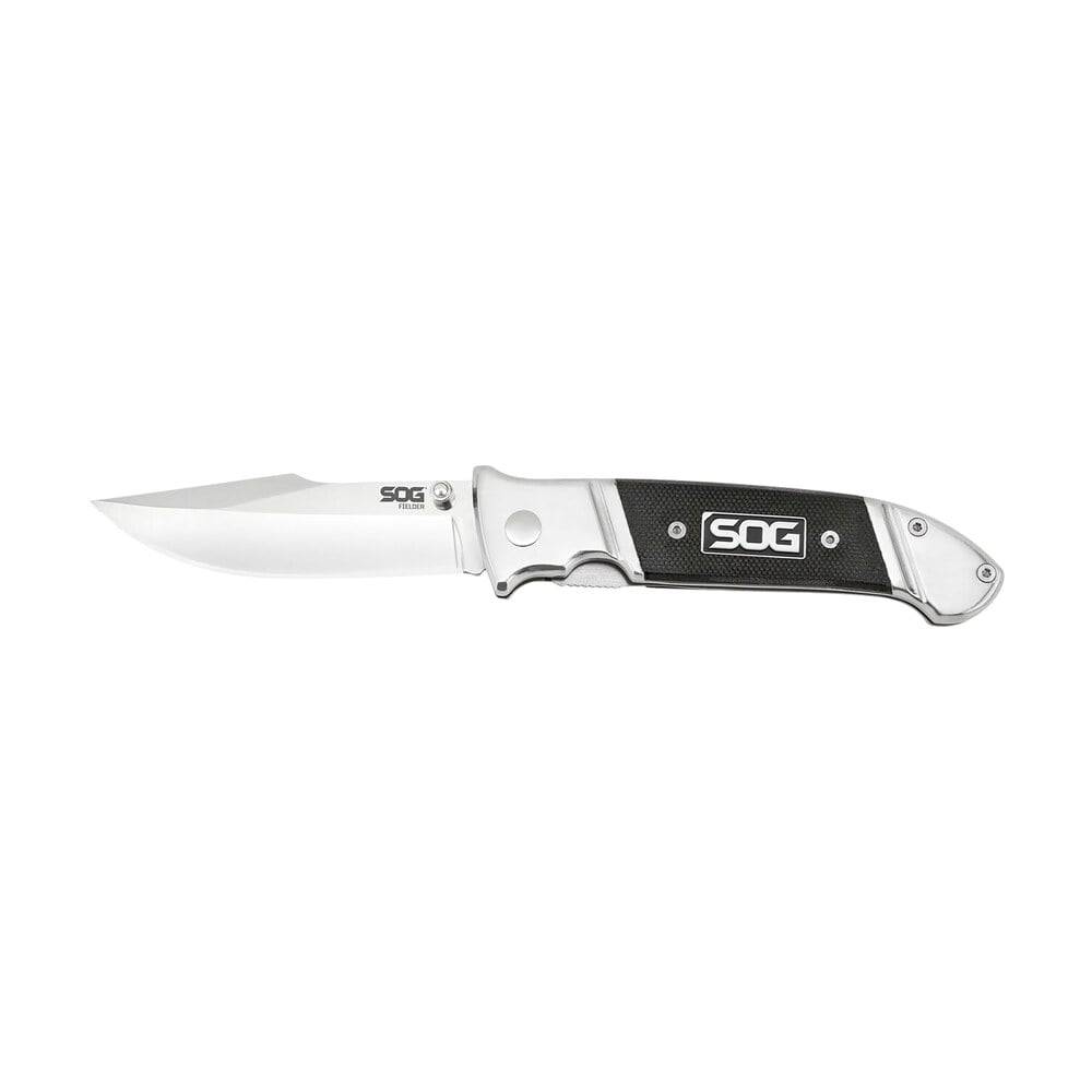s.o.g sog ff38 cp fielder 3.30" folding clip point plain satin 7cr17mov ss blade black g10 handle includes belt clip S.O.G SOG-FF38-CP Fielder 3.30" Folding Clip Point Plain Satin 7Cr17MoV SS Blade Black G10 Sports South item 145020
