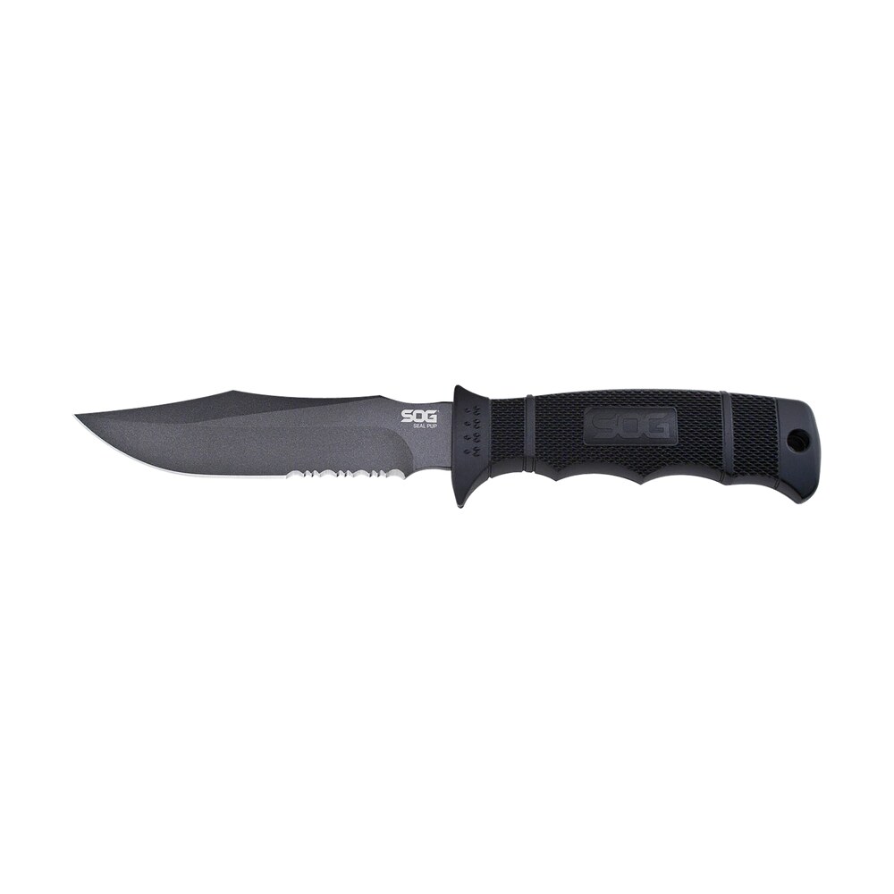s.o.g sogm37k seal pup 4.75" fixed clip point part serrated powder coated aus 8a ss blade black w/raised diamond pattern grn handle includes sheath S.O.G SOGM37K Seal Pup 4.75" Fixed Clip Point Part Serrated Powder Coated AUS-8A SS Blade Black Sports South item 145030