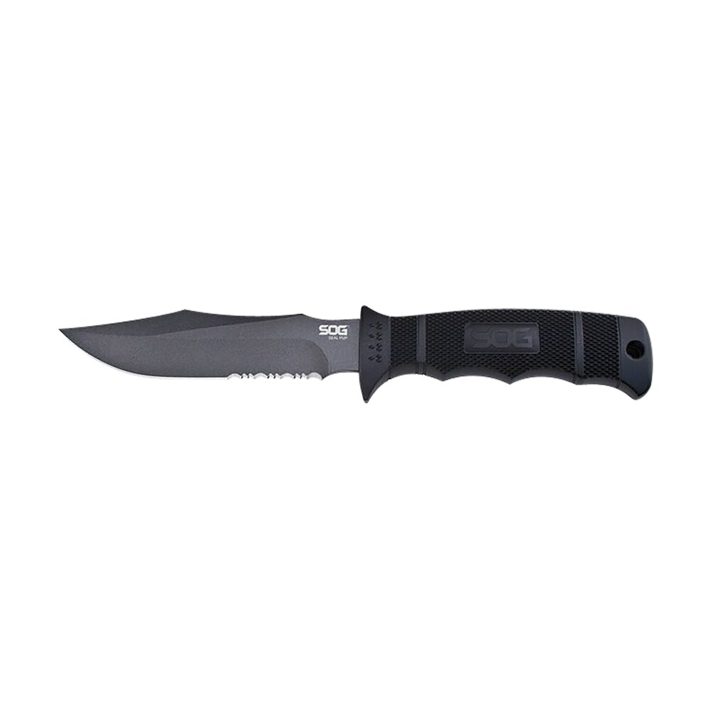 s.o.g sogm37ncp seal pup 4.75" fixed clip point part serrated powder coated aus 8a ss blade black w/raised diamond pattern grn handle includes lanyard/sheath S.O.G SOGM37NCP Seal Pup 4.75" Fixed Clip Point Part Serrated Powder Coated AUS-8A SS Blade Sports South item 145031