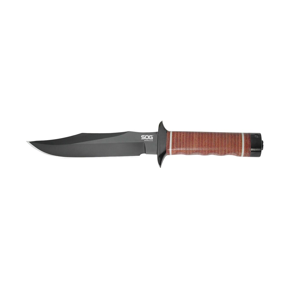 s.o.g sogs1tl bowie 2.0 6.40" fixed plain clip point black hardcased tini full tang aus8 ss blade/ brown stacked leather washers w/cross guard handle S.O.G SOGS1TL Bowie 2.0 6.40" Fixed Plain Clip Point Black Hardcased TiNi Full Tang AUS8 SS Sports South item 145049