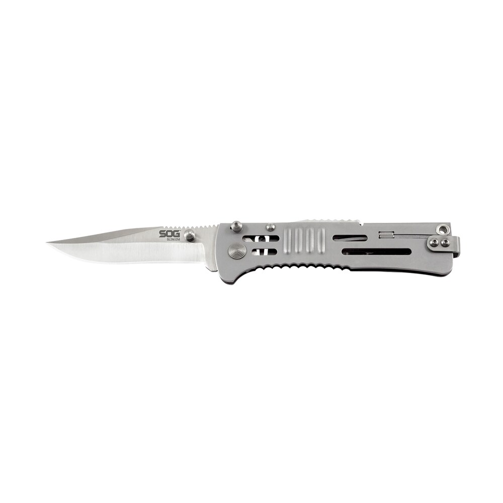 s.o.g sog sj31 cp slimjim 3.18" folding clip point plain satin aus 8a ss blade bead blasted 420 stainless steel handle includes belt clip S.O.G SOG-SJ31-CP SlimJim 3.18" Folding Clip Point Plain Satin AUS-8A SS Blade Bead Blasted 420 Sports South item 145057