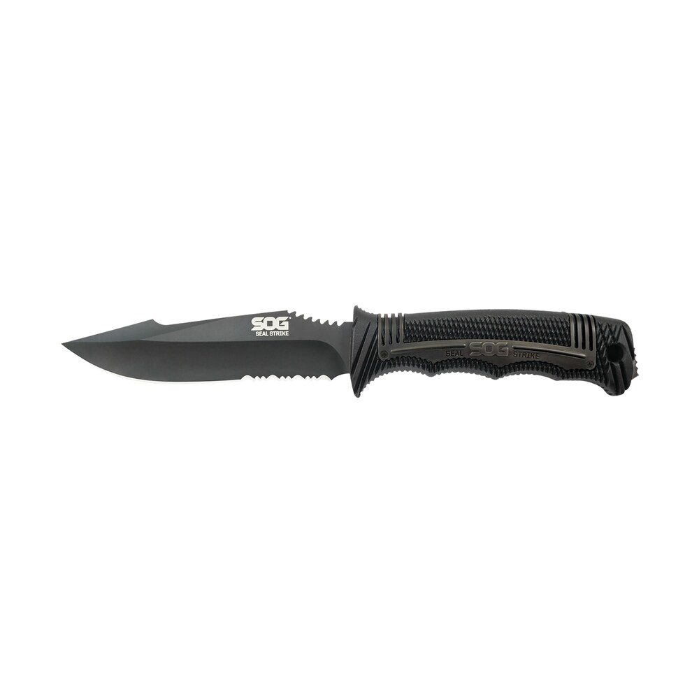 s.o.g sogss1003cp seal strike 4.90" fixed clip point part serrated aus 8a ss blade black textured grn/ss handle includes belt clip/sheath S.O.G SOGSS1003CP Seal Strike 4.90" Fixed Clip Point Part Serrated AUS-8A SS Blade Black Sports South item 145061