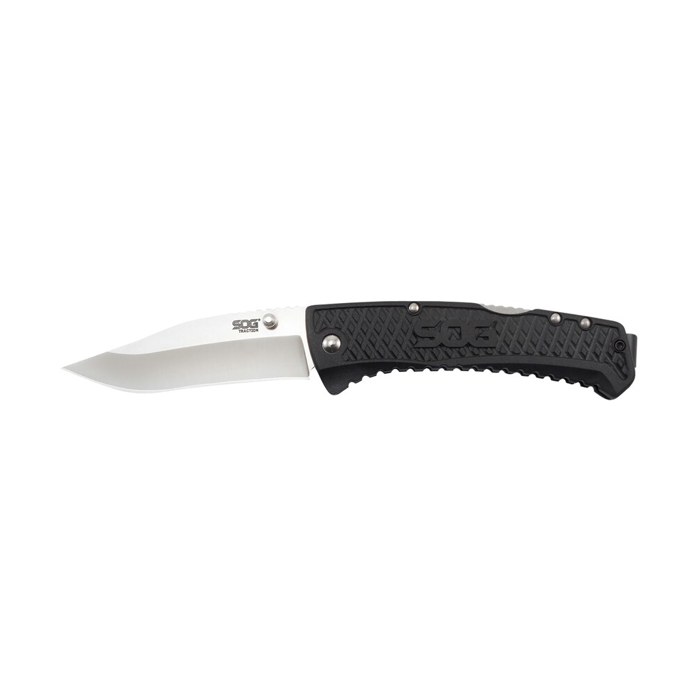 s.o.g sog td1011 c traction 3.50" folding clip point plain satin 5cr13mov ss blade black textured grn handle includes pocket clip S.O.G SOG-TD1011-C Traction 3.50" Folding Clip Point Plain Satin 5Cr13MoV SS Blade Black Sports South item 145063