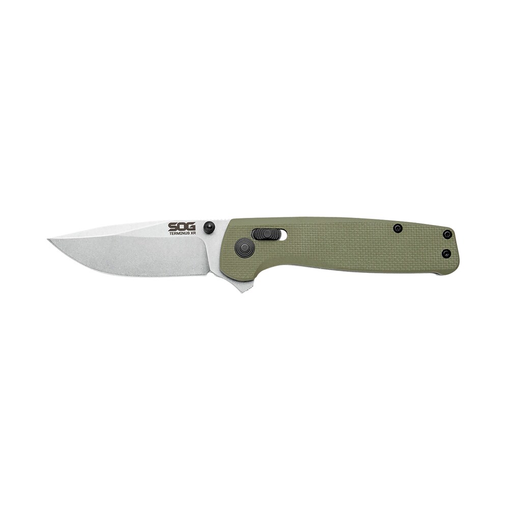 s.o.g sogtm1022bx terminus xr 2.95" folding clip point plain stonewashed bd1 steel blade olive drab textured g10 handle features box packaging includes pocket clip S.O.G SOGTM1022BX Terminus XR 2.95" Folding Clip Point Plain Stonewashed BD1 Steel Blade Olive Sports South item 145065