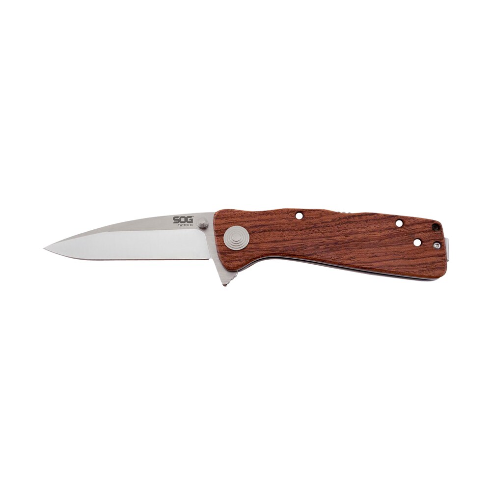 s.o.g sogtwi17cp twitch ii 2.65" folding drop point plain satin aus 8a ss blade brown rosewood handle includes pocket clip S.O.G SOGTWI17CP Twitch II 2.65" Folding Drop Point Plain Satin AUS-8A SS Blade Brown Rosewood Sports South item 145075